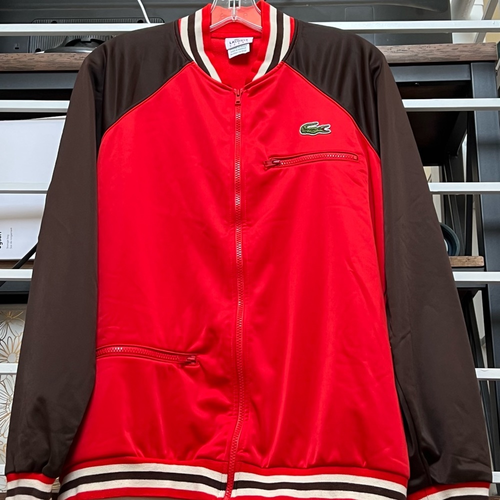 Lacoste Men’s Track Jacket Brown Red Raglan Sleeves Vintage Size 4 (Medium)